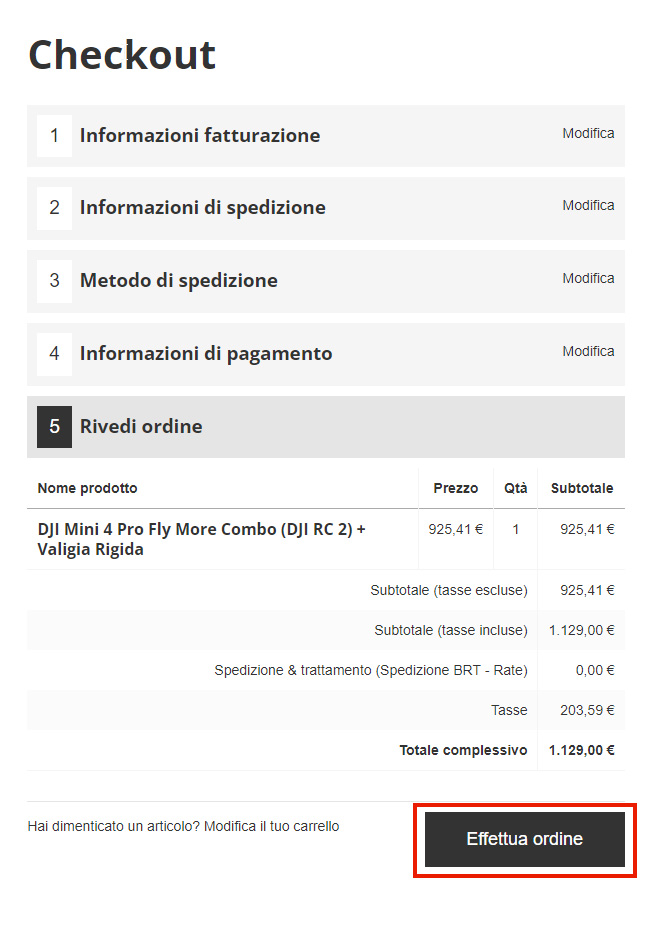 Informazioni di pagamento HeyLight
